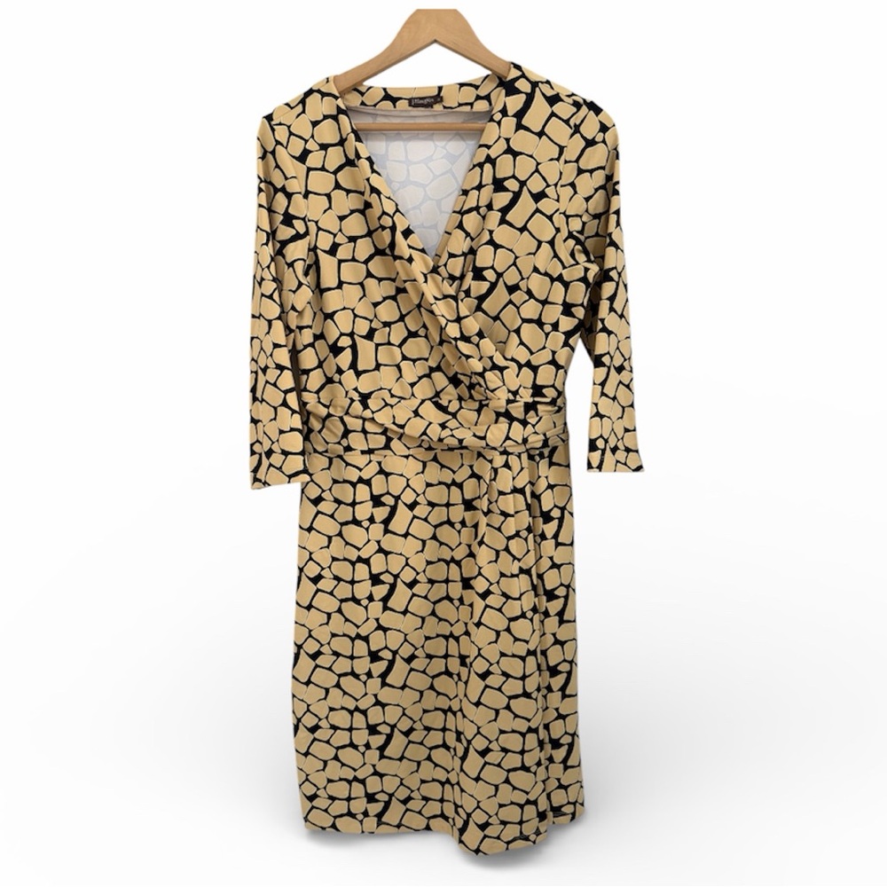 J. McLaughlin BREA Dress Size M Black Beige Geometric Catalina Cloth Faux Wrap